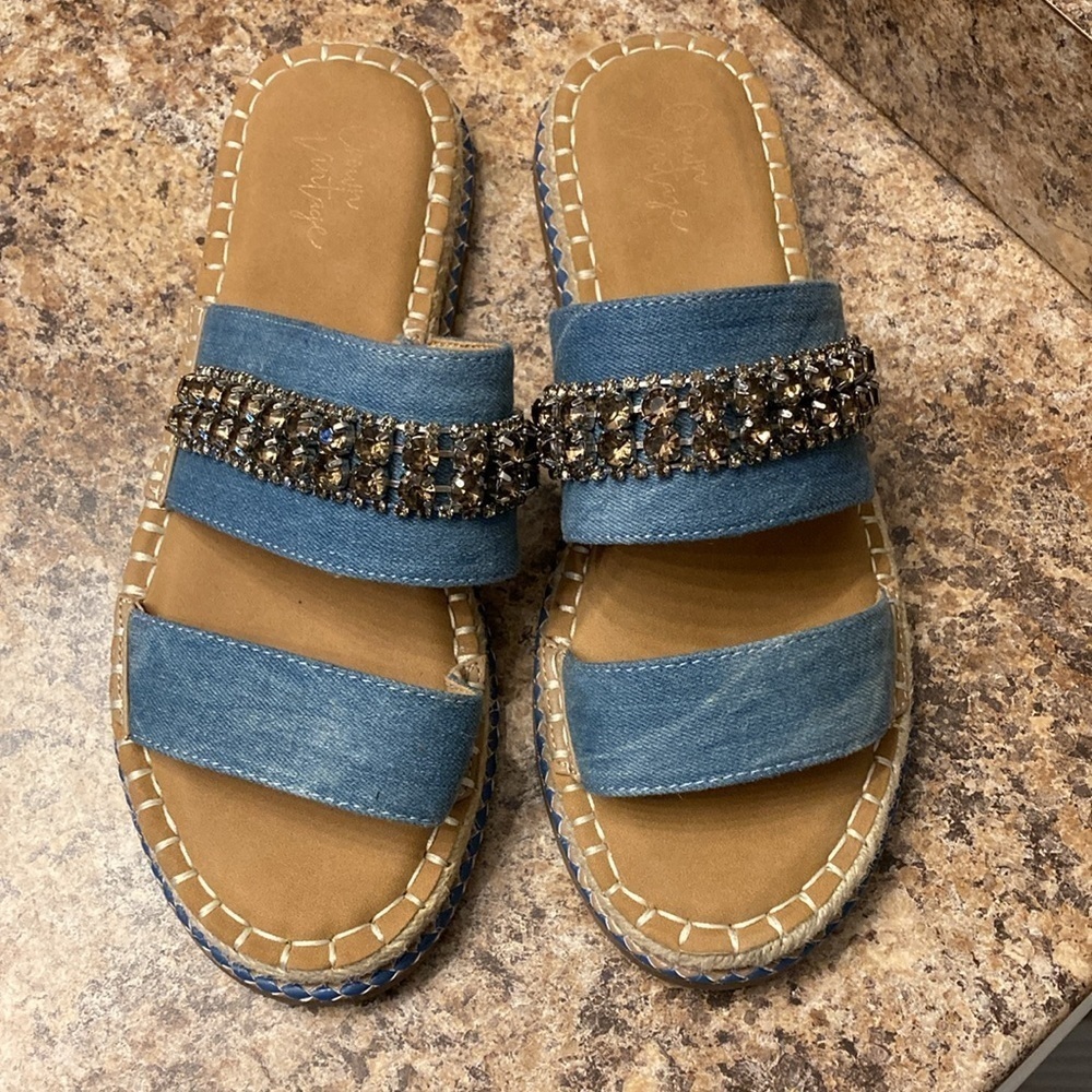 Crown Vintage Denim and Jeweled Slip on Sandals
